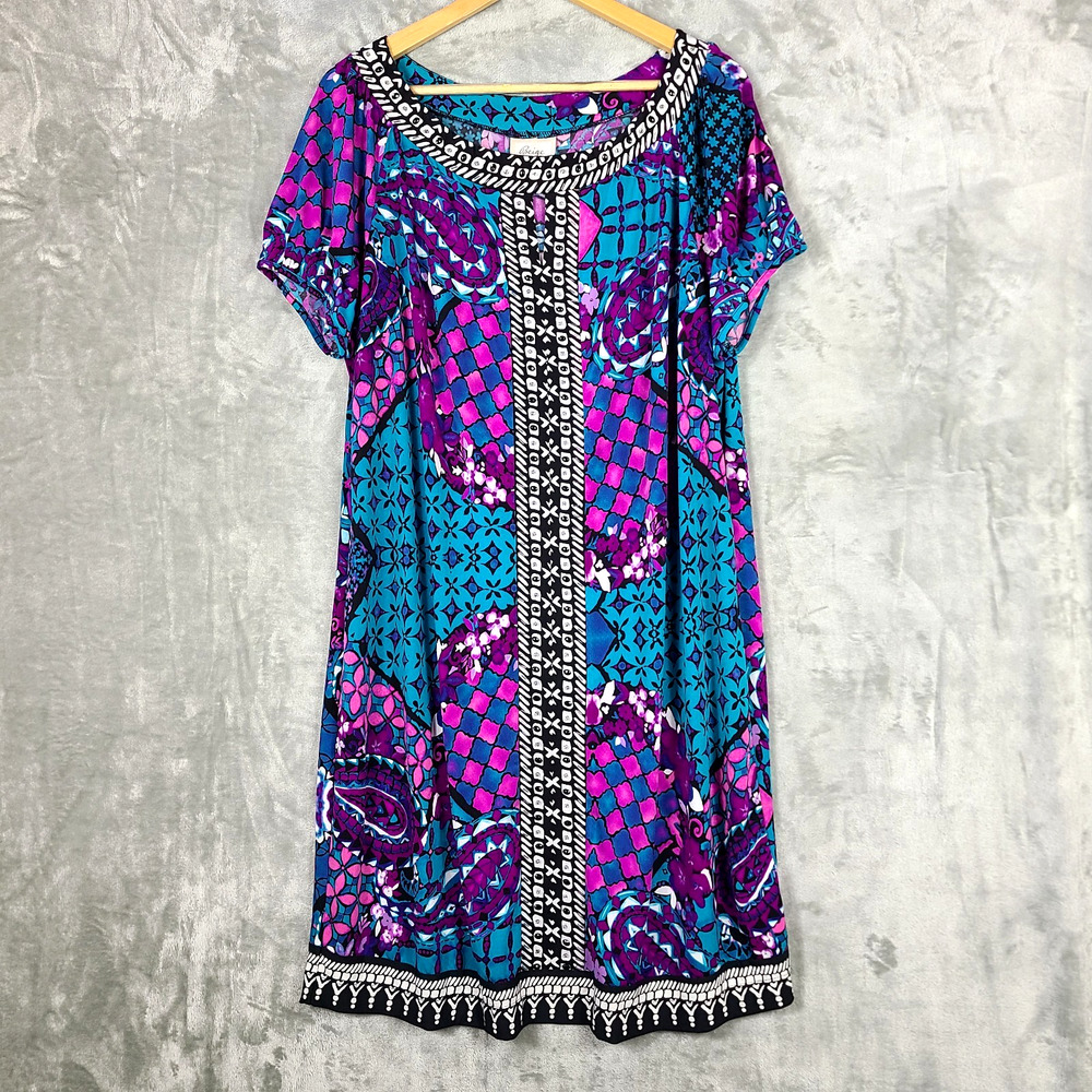 Beige By Eci Shift Dress Purple Blue Stretch Abstract Beaded Trim Boho Size 18W